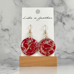 dangling earrings shaped like pierced round, in burgundy, wh