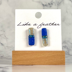 stud earrings shaped like rectangle, in white, blue colors.