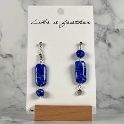 dangling earrings shaped like rectangle and sphere, in blue,