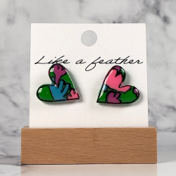 stud earrings shaped like heart, in green, neon pink, blue a